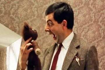 Mr Bean screaming to the teddy bear
